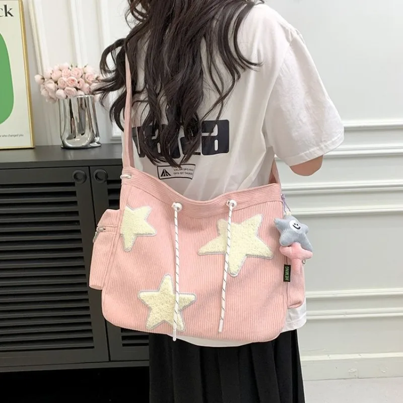 Women Star Pattern Corduroy Crossbody Bag Casual Tote Lady Simple Large Capacity Shoulder Bag Girl Travel School Bookbag Handbag