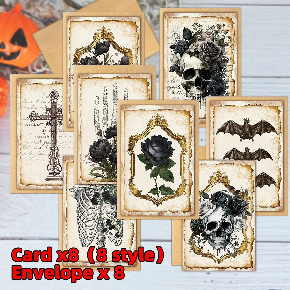 12 Stück gotische Halloween-Grußkarten mit Umschlag – schwarze Rose, Skelett-Design, Halloween-Grußgrüße an Freunde, Familie, Partyeinladung