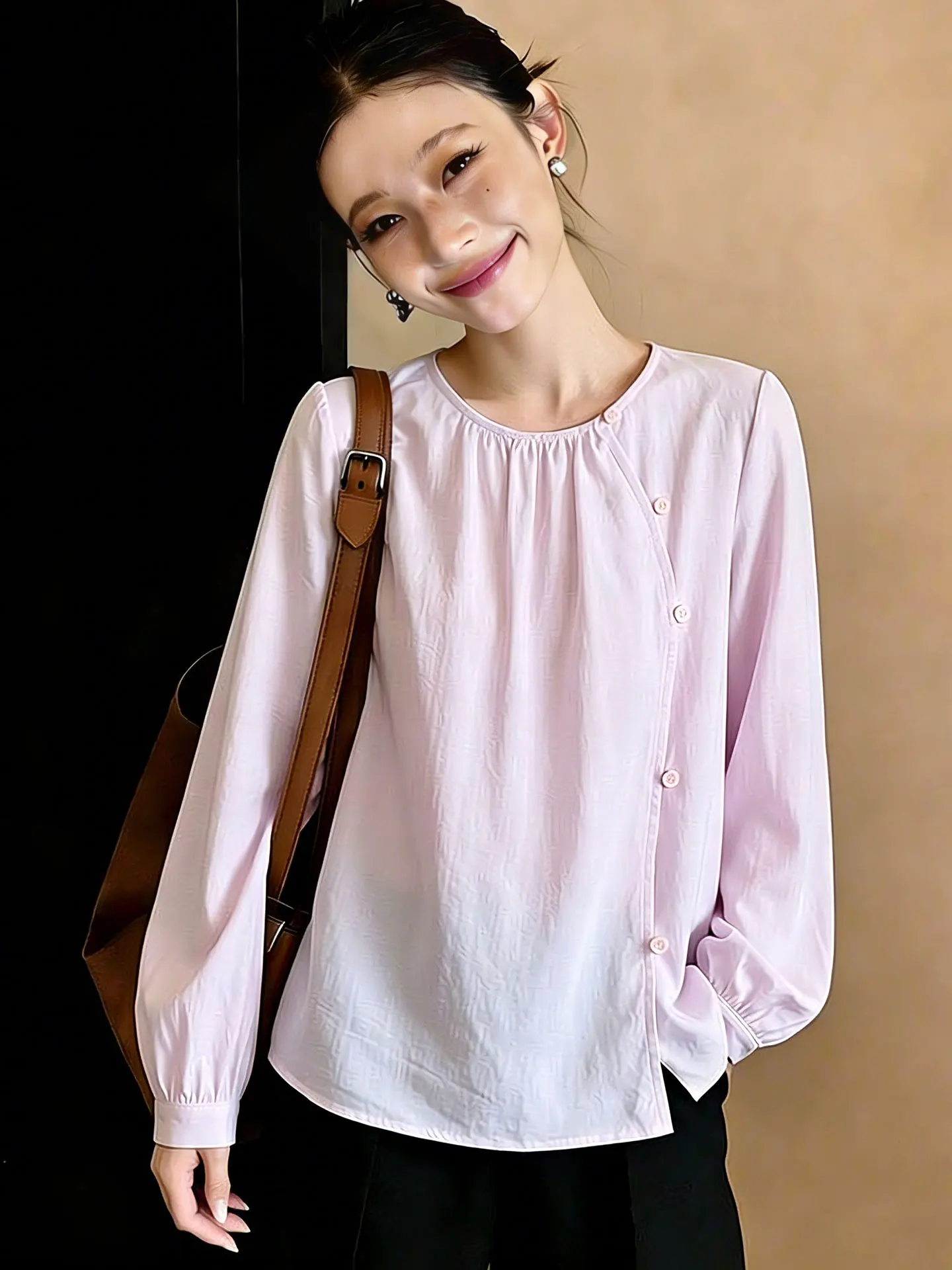 

Ele Sweet Sle Long Sve round Ne Single Button irt Early Spring Faionable Gentle Aosphere Silk Top Women's Cl...