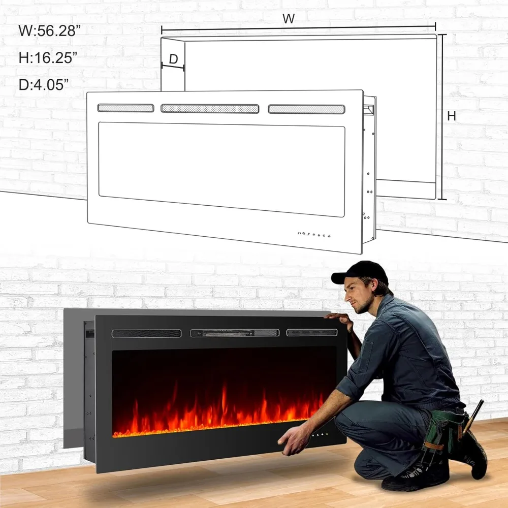 60 Energy-Efficient 750W/1500W LED Electric Fireplace Insert, Wall-Mounted with Remote Control