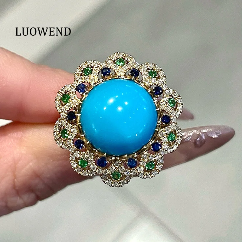 

LUOWEND 100% 18K Yellow Gold Rings Luxury Flower Shape Shiny Diamond Natural Turquoise Gemstone Ring for Women Fine Jewelry