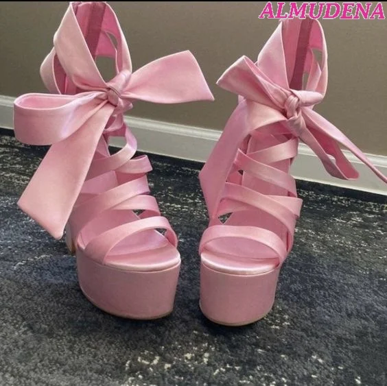 

Pink Ribbon Platform Block Heel Sandals Women Open Toe Lace up Bow High Heels Summer Big Size Lolita Dress Designer Brand Shoes