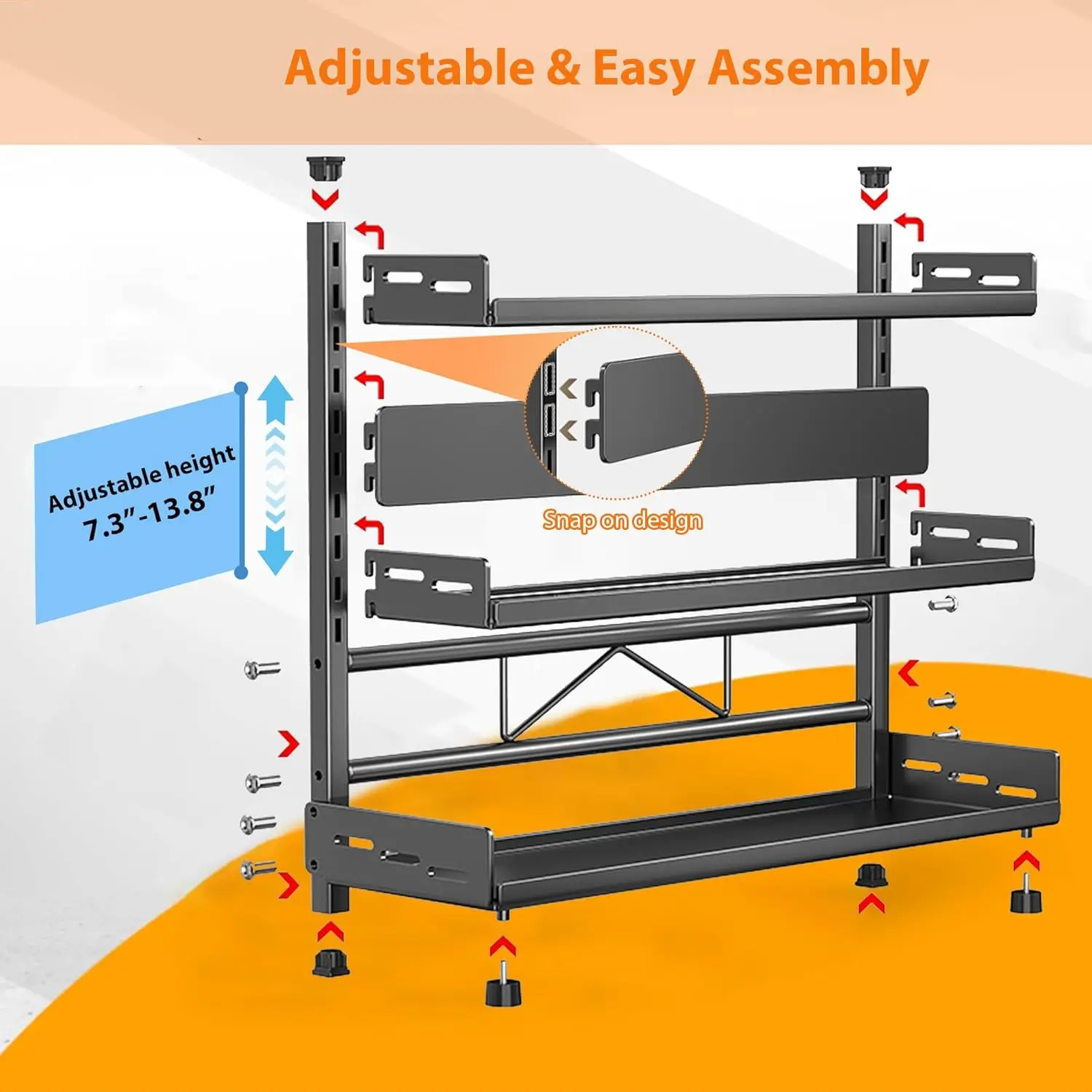 رف تخزين التوابل من 3 طبقات لتنظيم التوابل القابل للتعديل لخزانة المطبخ ورف معدني باللون الأسود