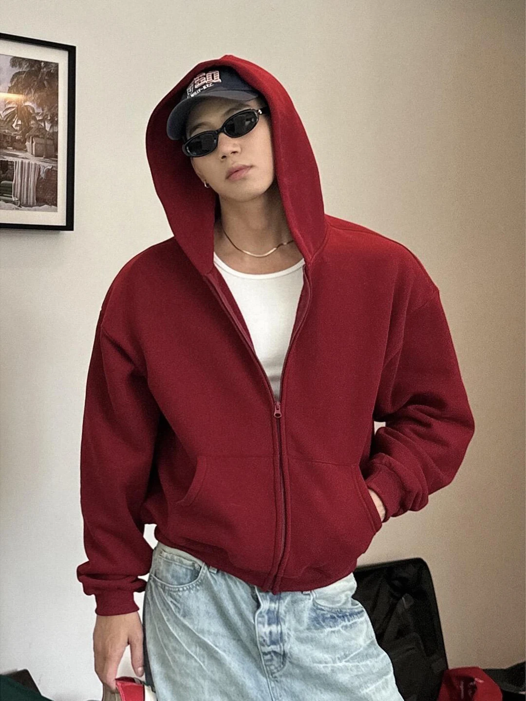 

Red Wine Color Hardwearing Hoodie Men's Sle Autumn American Lazy Teenage Sports Jaet Cleanfit Top Loose Fit Long Sve Z...