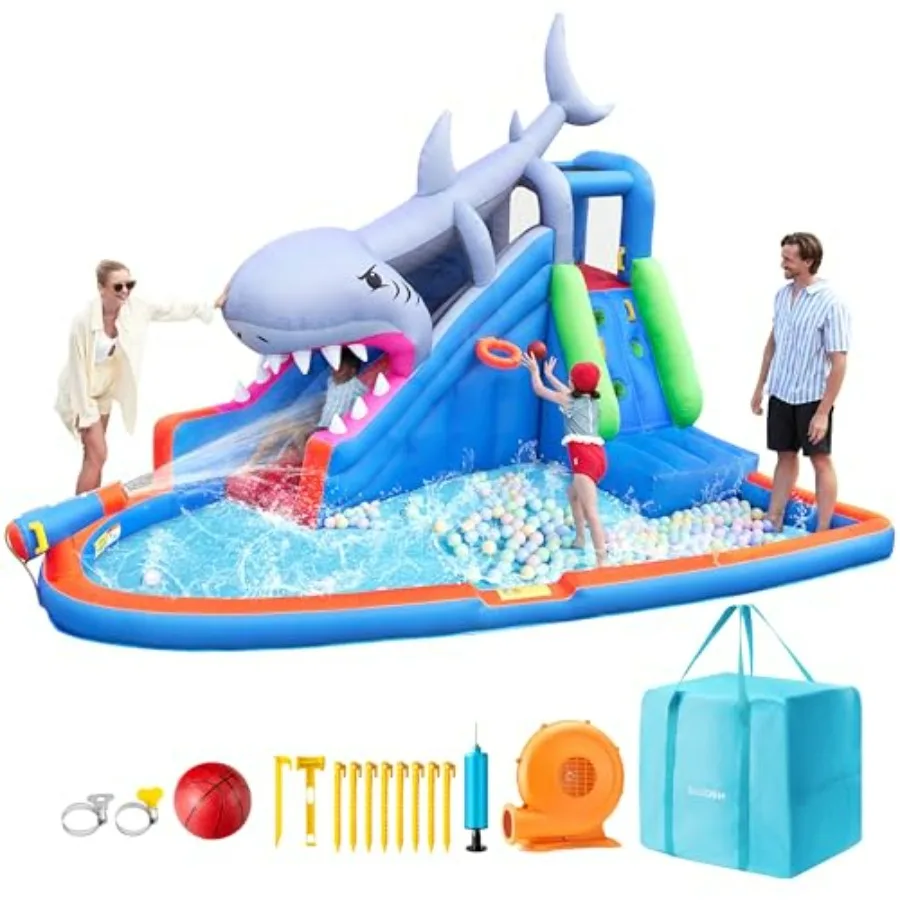 Inflatable Water Slide Park for Backyard 6-in-1 PVC Blue Outdoor Water Park with Splash Pool, Bounce House, Basketball Hoop, Wa