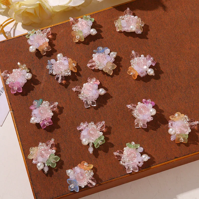 Beaded Flower Fabric Patch 1 Piece Hand Sewn Clear Crystal Sparkling Versatile DIY for Clogs Jelly Sandals Summer