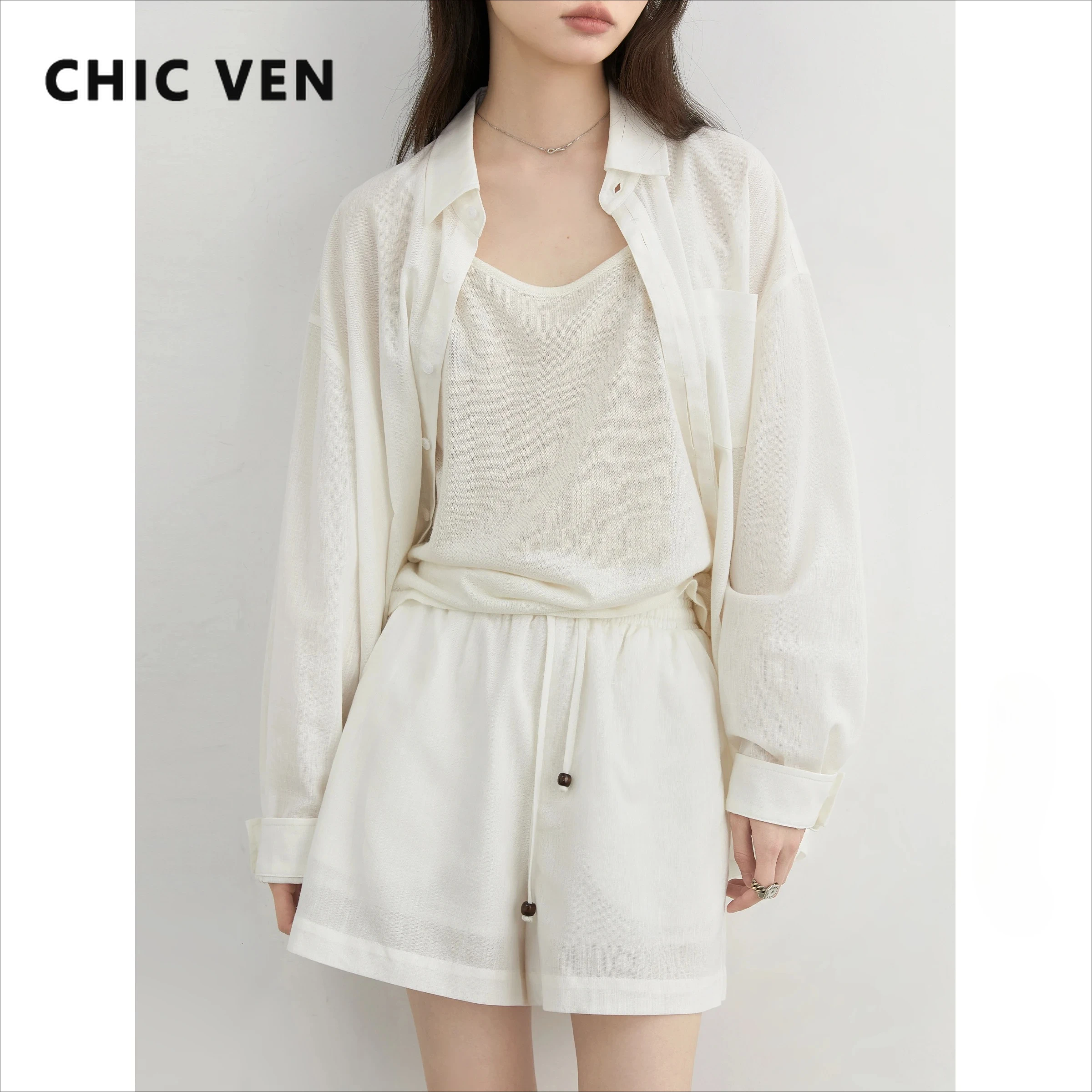 

CHIC VEN Fashion Women Shirts Solid Loose Casual Linen Shirt Elastic Waist Wide Leg Female Shorts Set Summer 2025 Coat