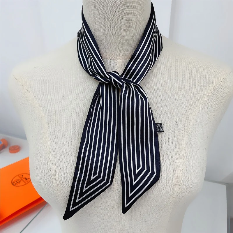 Luxury Stripe Design Print Skinny Silk Ribbon Scarfs Women Soft Satin Neckerchief Female Hairband Foulard Neck Scarves Bag Gift