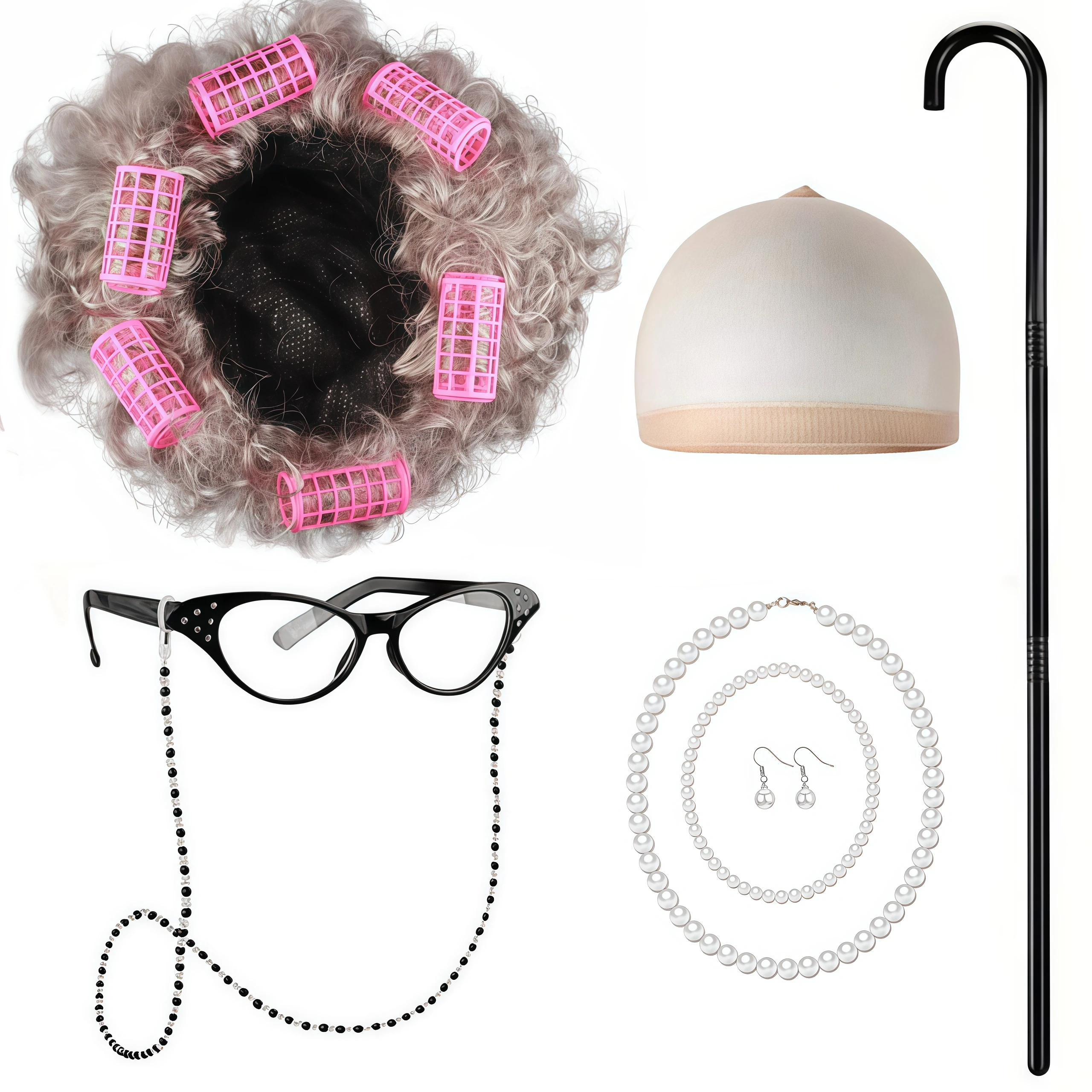 مجموعة أزياء السيدة العجوز للأطفال 100 يوم من المدرسة الجدة رمادي شعر مستعار نظارات للفتيات أداء لعب الأدوار في الهالوين ملحق الجدة #2