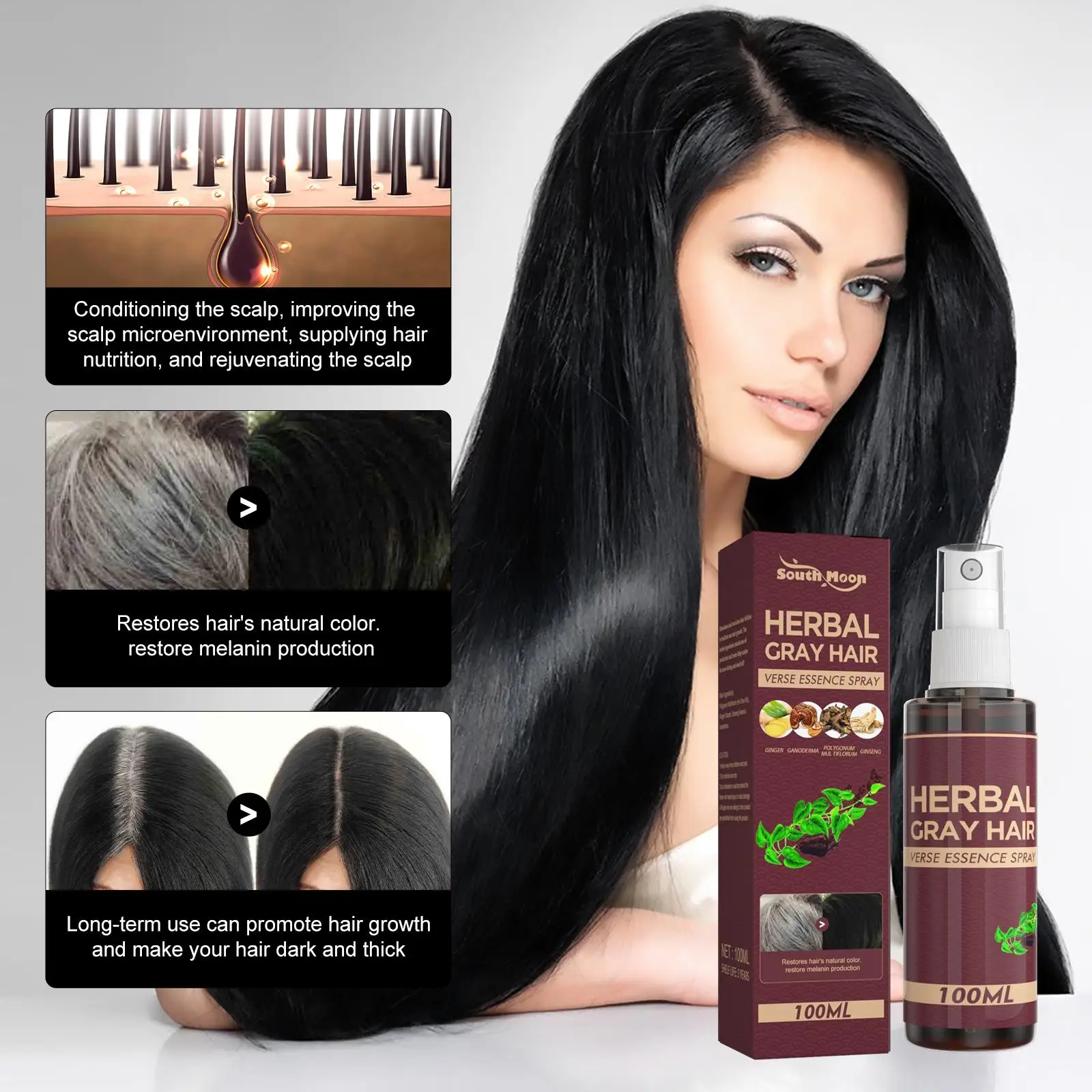 100ml Anti White Hair Spray Herbal Reduce Gray Spray Serum Black Repair Nourish White To Hair Care Scalp Treatment S8P1