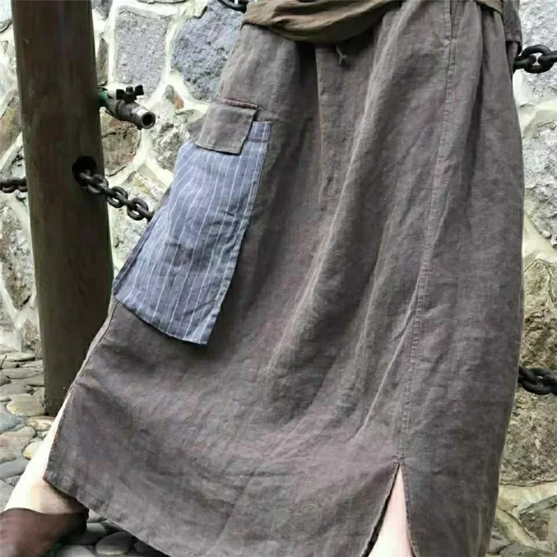 

2025 New Spring Literary Vintage Split Long Skirt Women Chinese Style Loose Elastic Waist Patchwork Linen Long Skirts