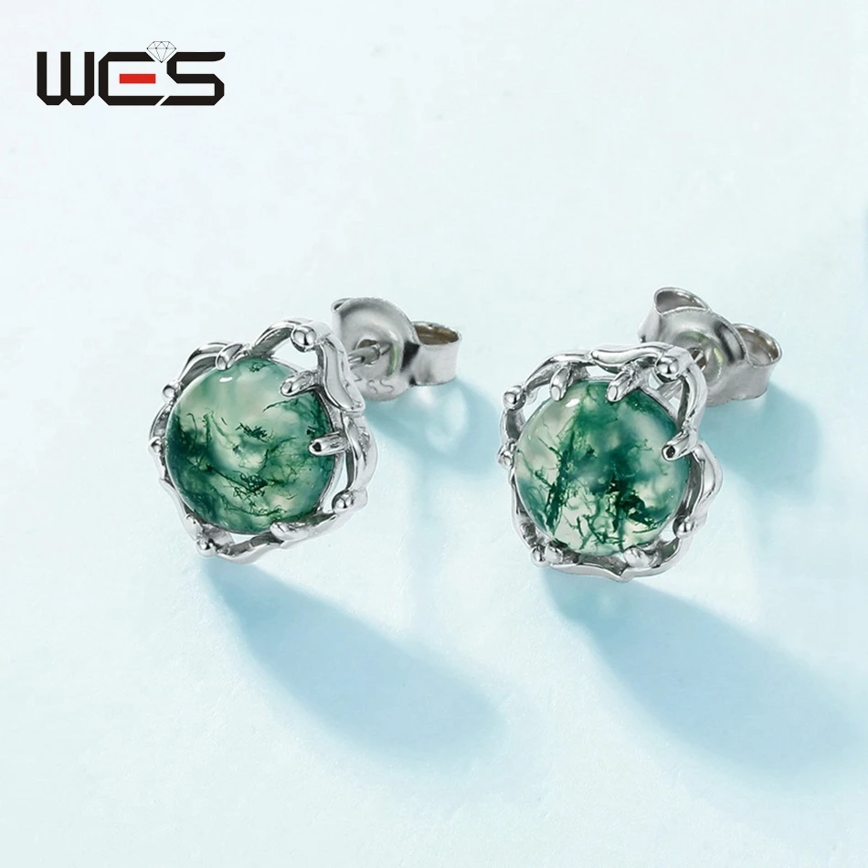 WES 925 فضة قطع مستديرة الحجر الطبيعي 8*8 مللي متر الطحلب العقيق وأقراط للمرأة جوهرة المشاركة هدية مجوهرات بالجملة #2