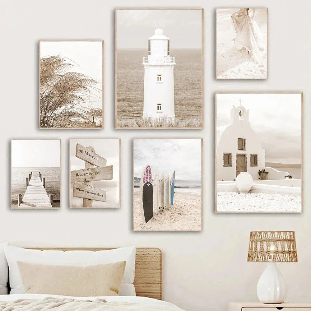 

Beige Scenery Picture Canvas Painting Sea Beach Surfboard Lighthouse Posters Reed Bridge Wall Art Print Modern Living Room Decor