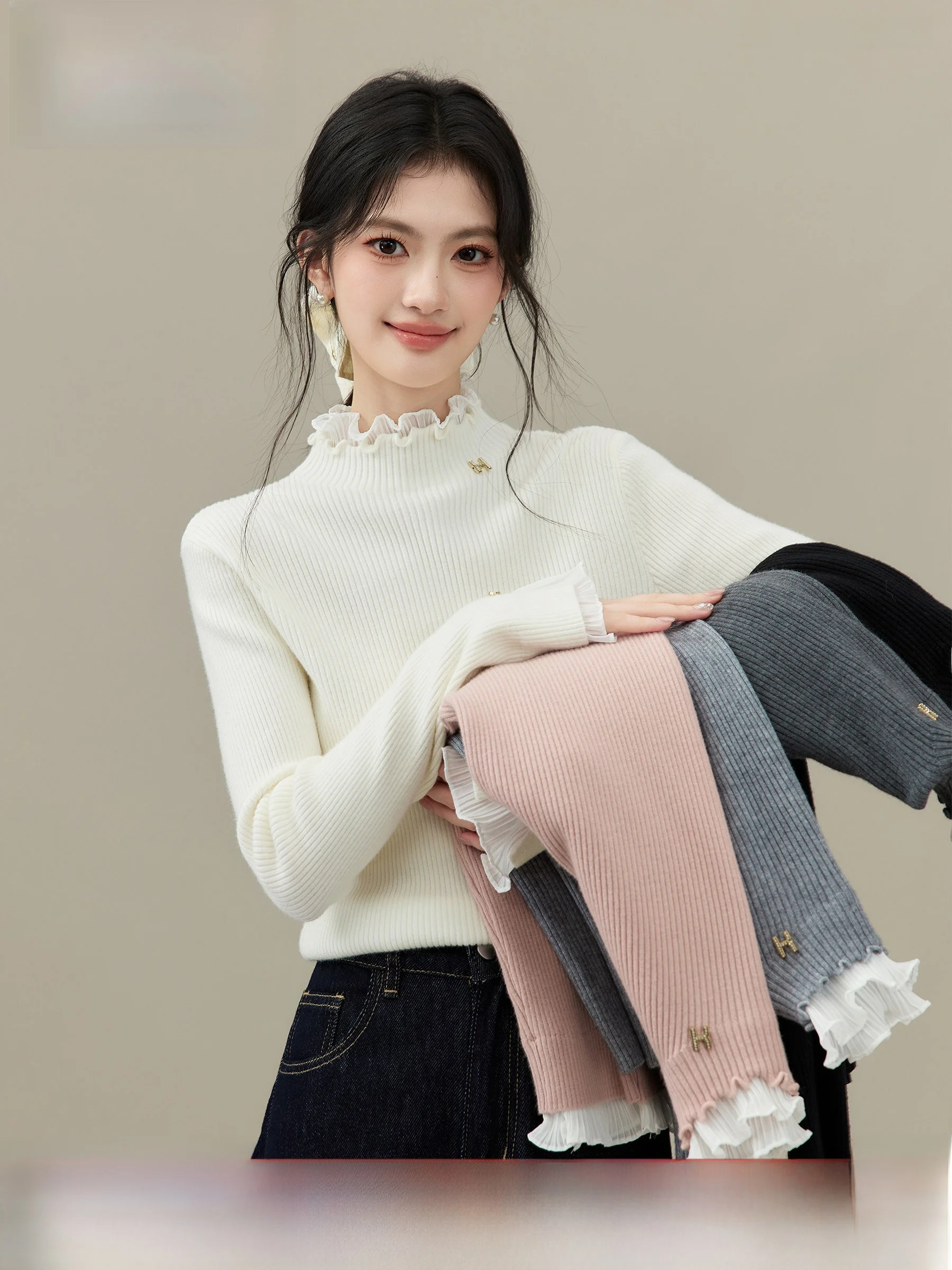 

Ruched Lace Knit Sweater Women's Inner Wear Base Layer Long Sve Soft Polyester Fiber Warm Thi Sle round Ne Design