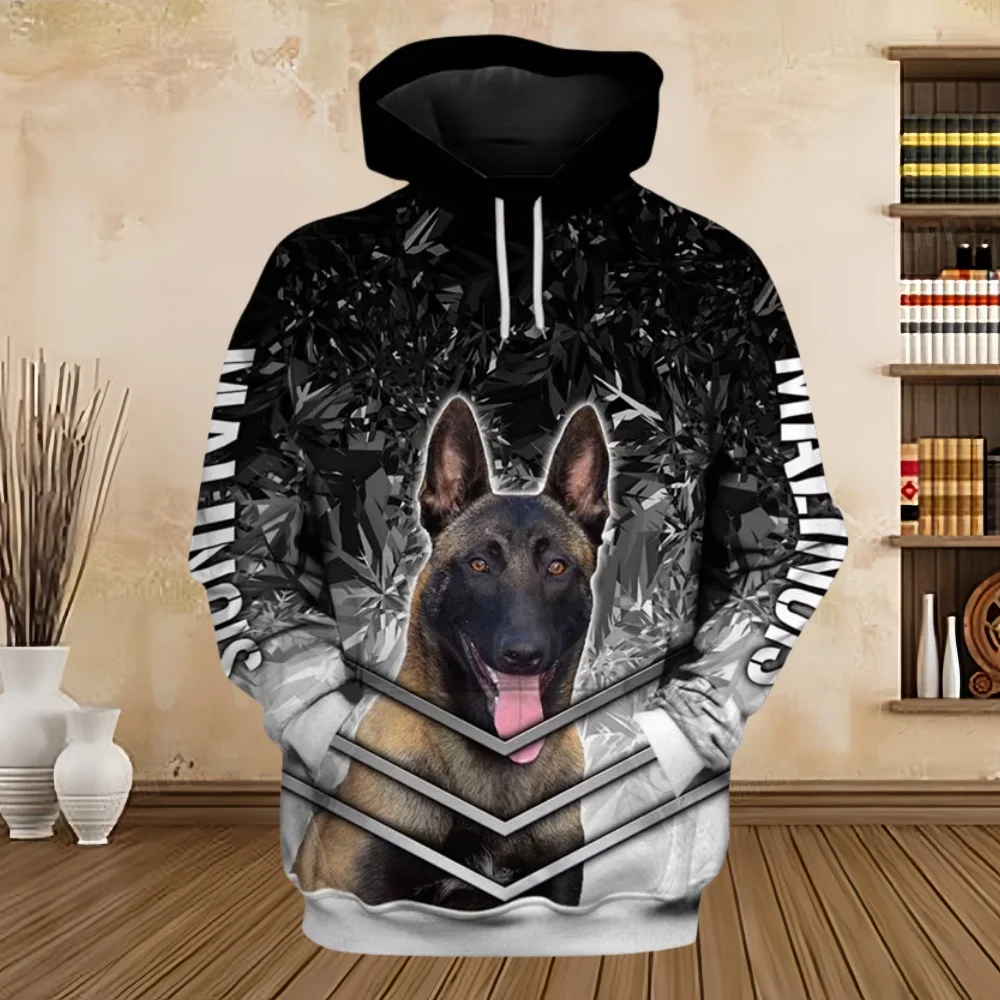 2024 New Hoodies 3D Graphic Silver Ribbon Hoodies Animals Dog Belgian Malinois Sweatshirts Casual Harajuku Sportswear Clothing