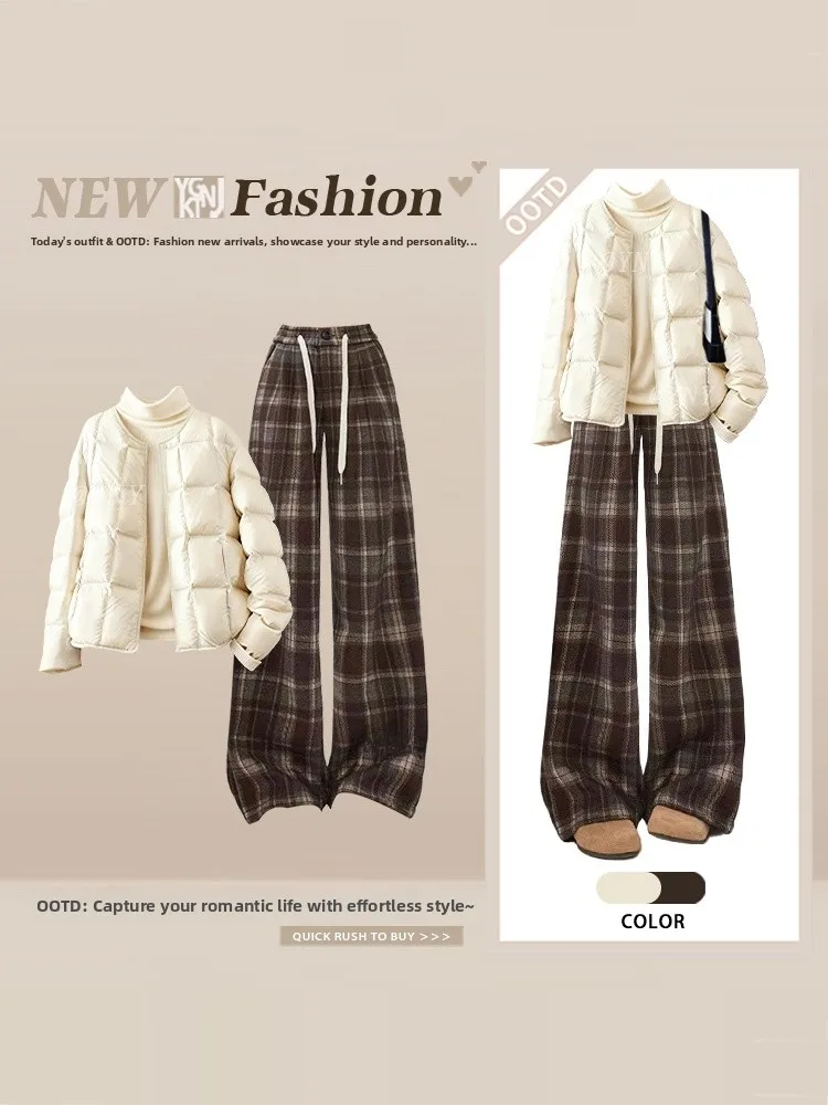 

Теплый зимний комплект Warmth Ele: женская свободная хлопковая куртка с ромбовидным узором, прямые повседневные брюки и облегающий топ — комплект из трех предметов