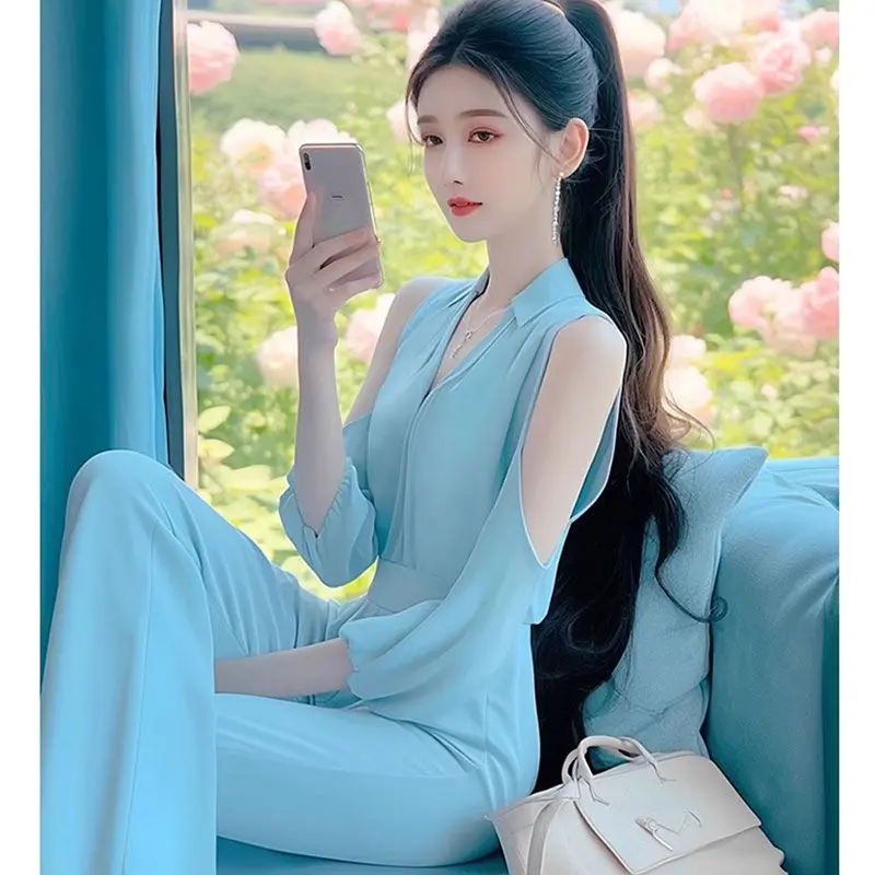 Miiiix French Hepburn Style Socialite New Jumpsuit Women's Summer Haute Couture Blue Off Shoulder Jumpsuit Female Clothing