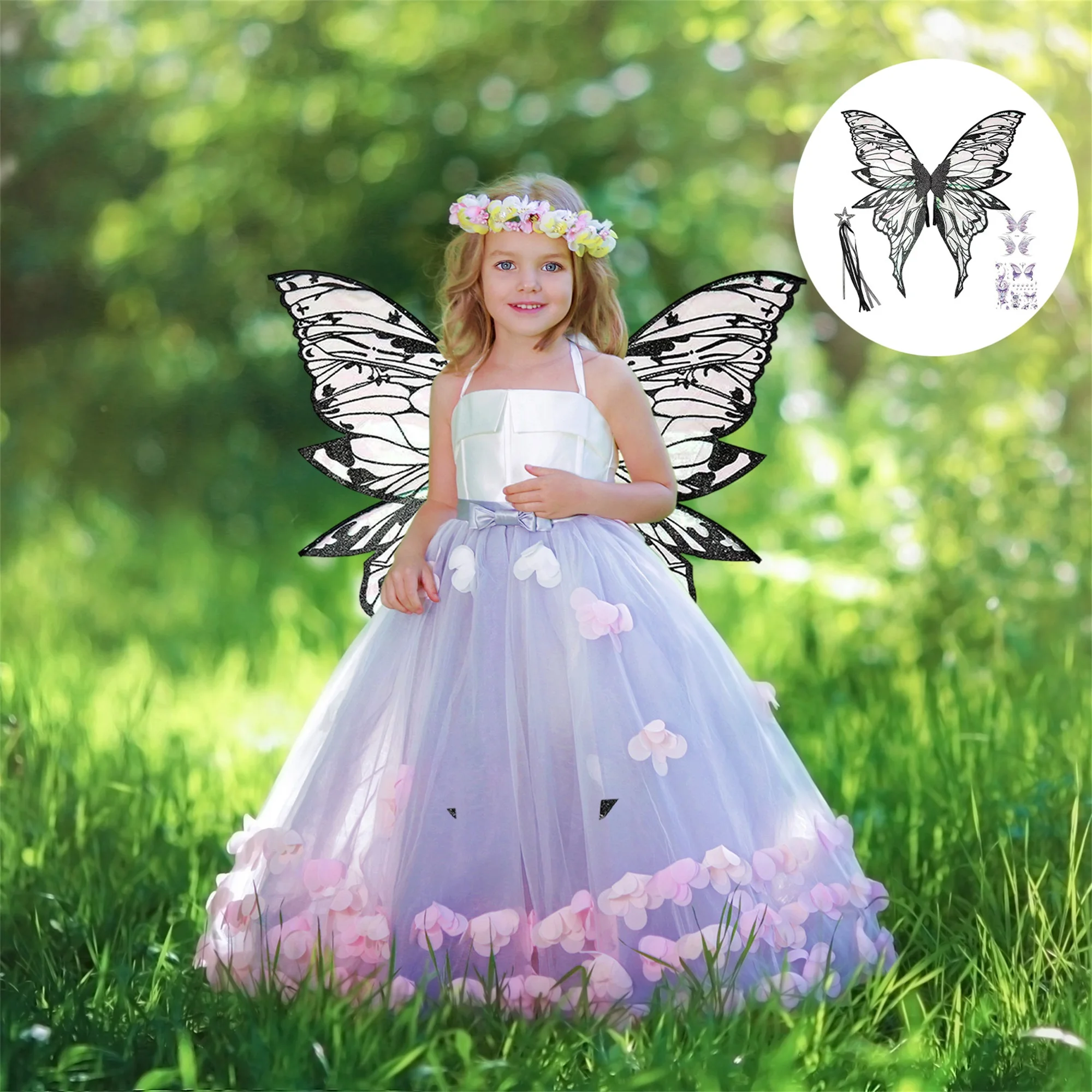여아용 요정 공주 코스튬 세트, 반짝이는 나비 날개, 마법 지팡이, 왕관 포함 할로윈 드레스업 키트 (어린이용)