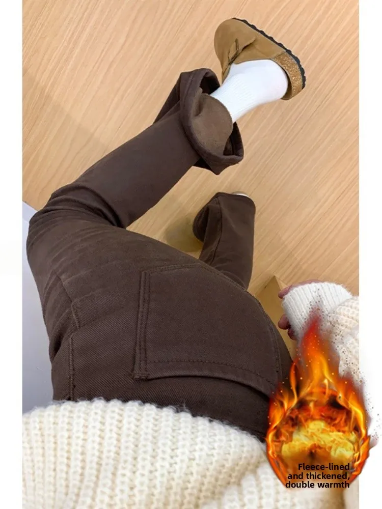 

Женские утепленные джинсы-клеш с высокой талией, зимние джинсовые брюки, облегающие брюки-буткат, повседневные удобные джинсы