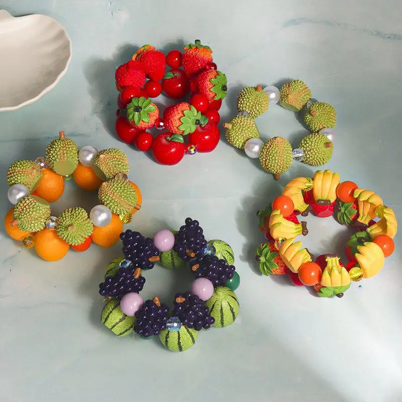 3D Simulation Fruit Charm Bracelet Resin Faux Pearl Rhinestone Decor Lovely Wrist Jewelry for School Students Daily Wear
