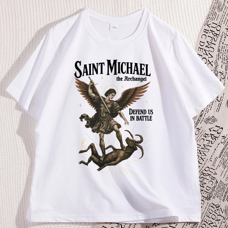 

Sanit Michael T Shirt Vintage Men Women The Archangel T-shirt Catholic Saint Christian Tshirt Causal Round Neck Printed Tshirt