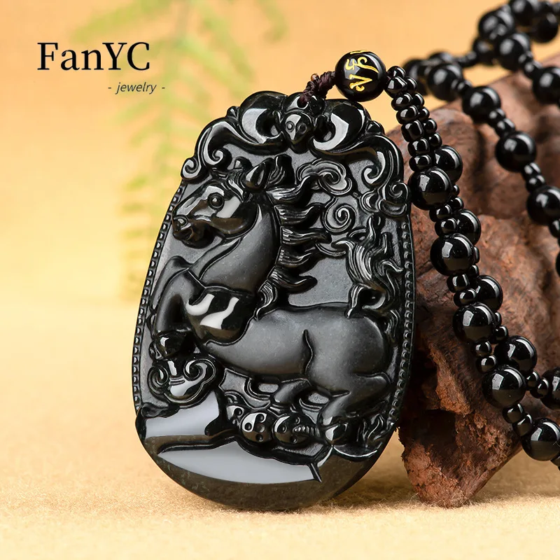 Natural Grade A Jadeite Black Jade Zodiac Pendant Hand-Carved High-End Fashionable Jade Necklace Birthday Gift for Men and Women