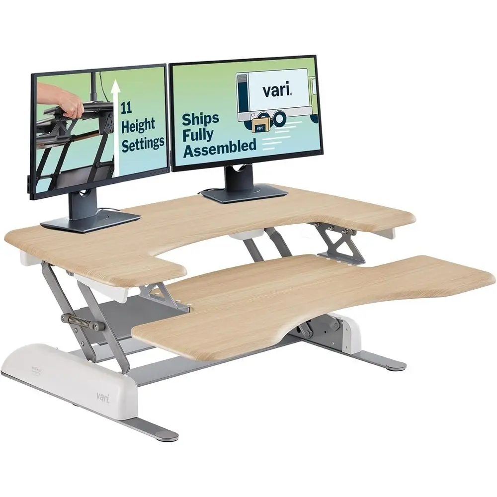 

36 Wide 2-Tier Standing Desk Converter with 11 Heights, Spring Lit, Fully Assembled (Light Wood)