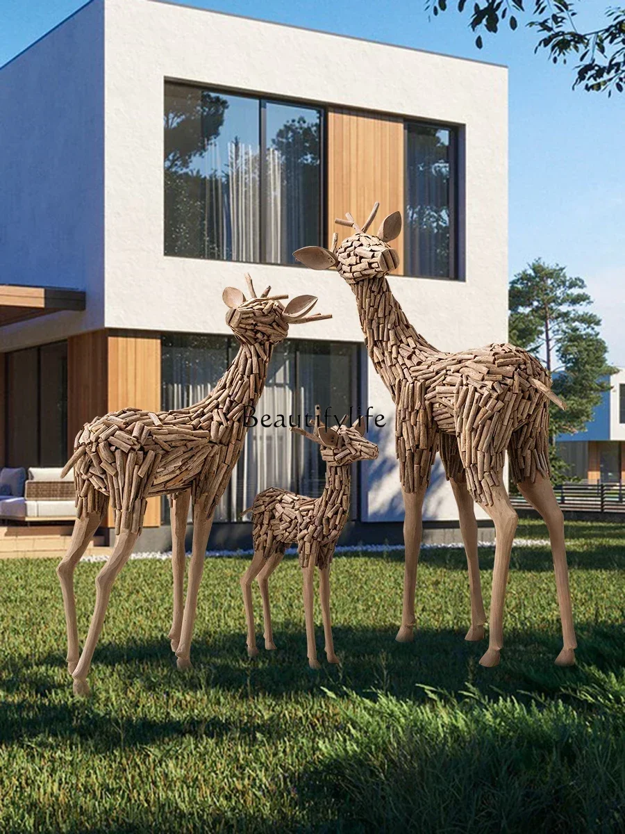 Solid wood lucky deer sculpture floor-to-ceiling large ornament B & B hotel crafts