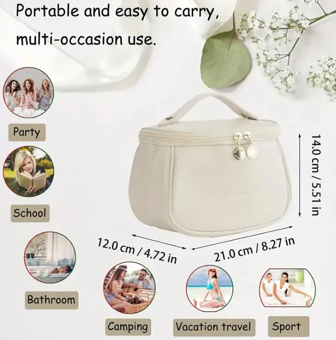 

Large-capacity makeup bag featuring gold hardware and elegant script lettering—portable makeup organizer