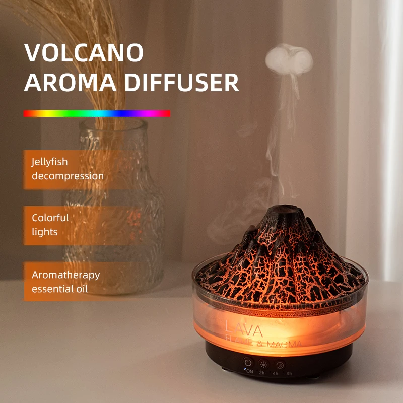 Colorful lights Volcano Lava Air Humidifier Aromatherapy Essential Oils Diffuser Remote Control Jellyfish Smoke Ring Flame