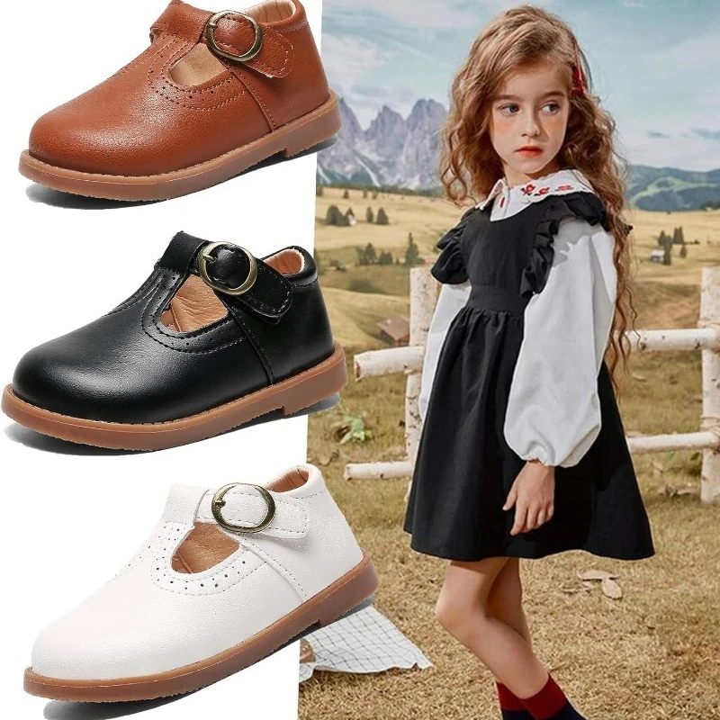 

Kids T Strap Leather Shoes Girls Princess Shoes Boys Breathable Flats Mary Jane Black Brown Child Baby Toddlers Spring Autumn