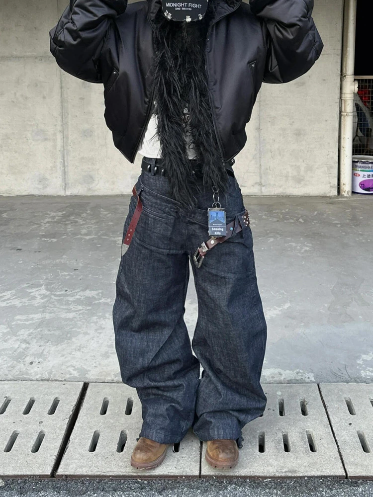 

Женские джинсы с двойной талией, широкие брюки, уличная одежда, модные спортивные штаны в стиле ретро, женские брюки унисекс с высокой талией