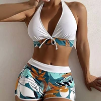 15 Colors Swimwear Women Two-Piece Suit Patchwork Halter Bikini Top With High Waisted Boxer Bottom College Sporty Surfing Suit - Image 2