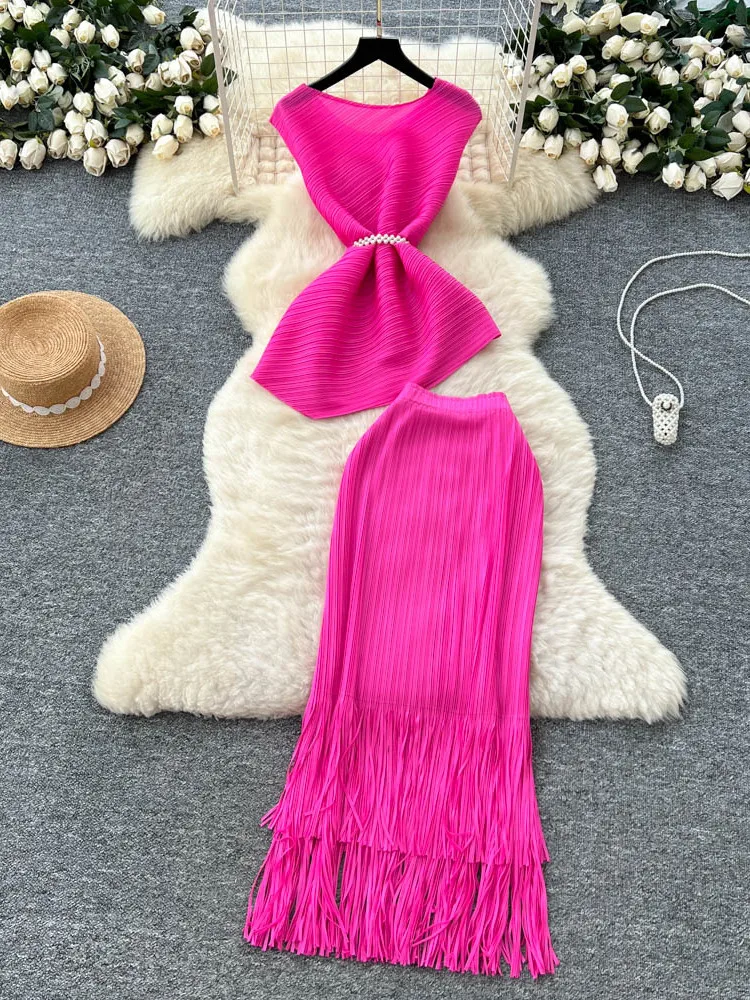 Ropa de verano a la moda para mujer, diseño asimétrico con cinturón, sin mangas, Top pado, falda con borlas, conjunto de p...