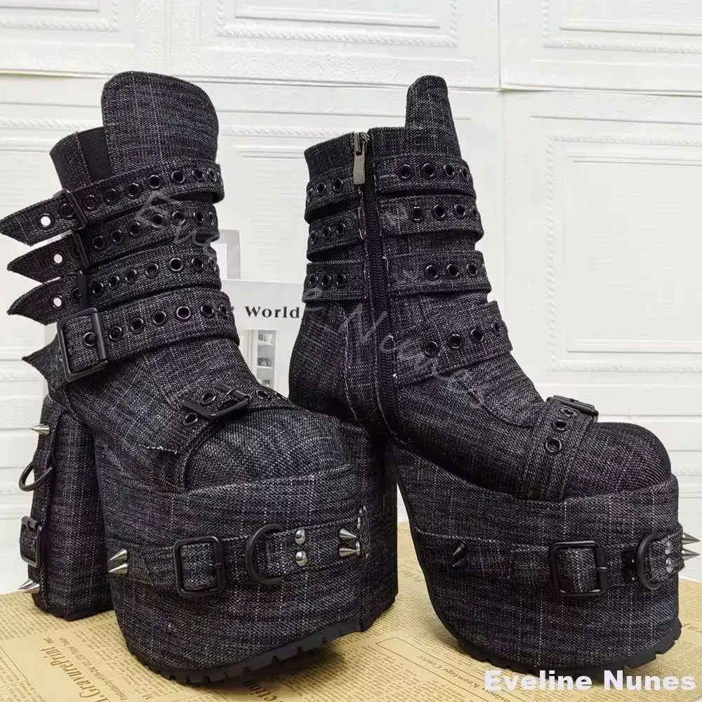 

New Black Punk Lolita Boots Women Rivet Platform Chunky Heel Round Toe Side Zipper Casual Boots Belt Buckle Denim Ankle Boots