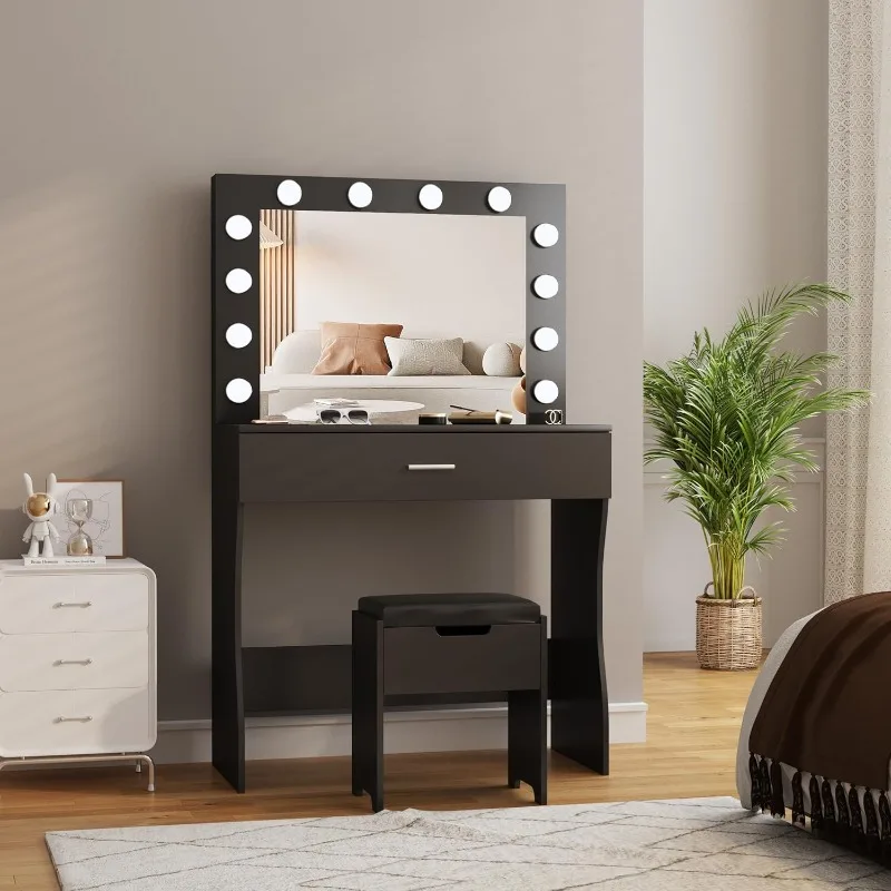 Vanity Desk with Mirror and Lights, Adjustable Brightness, Black Vanity Table Set with Storage Drawer,Makeup Vanity Set With