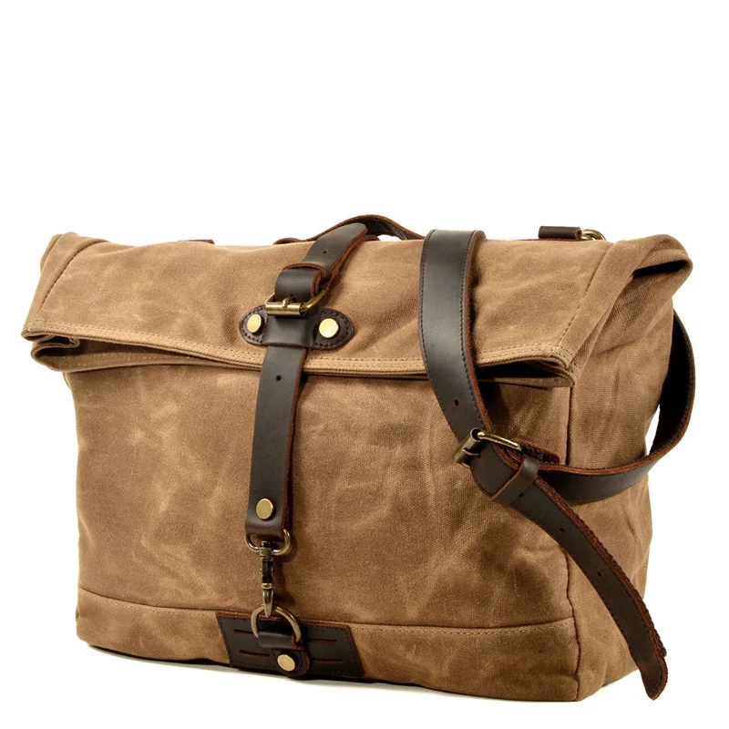 

Nesitu Large High Quality A4 Vintage Oil Wax Canvas Genuine Leather Women Men Crossbody Travel Shoulder Messenger Bag M6060