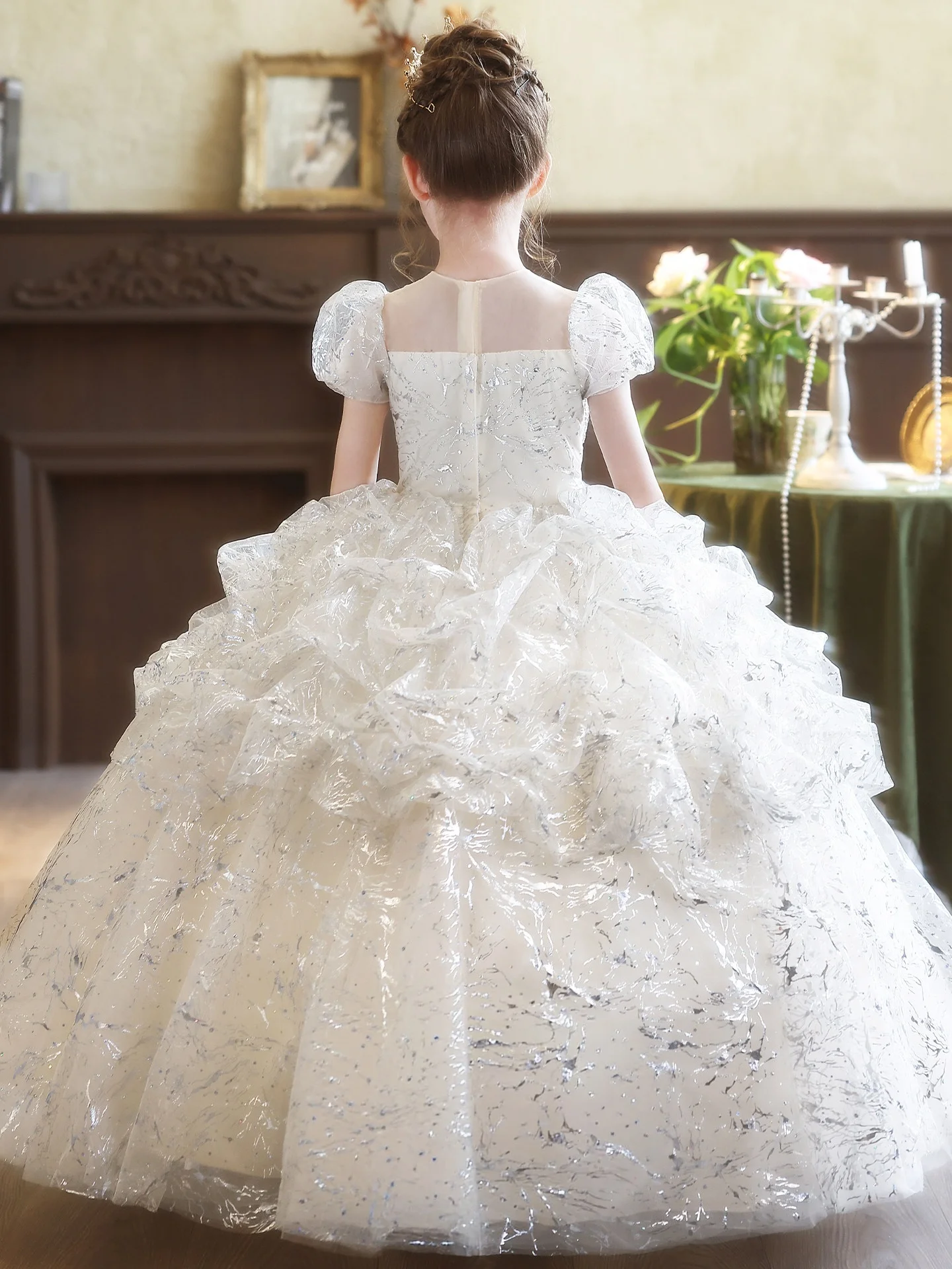Custom Luxury Dress Female Wedding Guest Gown Short Sleeve Rhinestone Ruffle Tulle Ball Gown Luxurious Birthday Outfit For