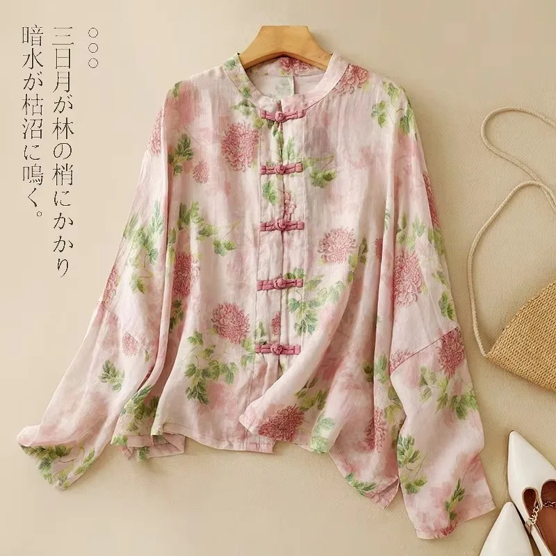 Cotton Linen Vintage Women\'s Shirt Summer Printed Clothing Sales Loose Long Sleeve Korean Tops Turn-down Collar Women Blouses