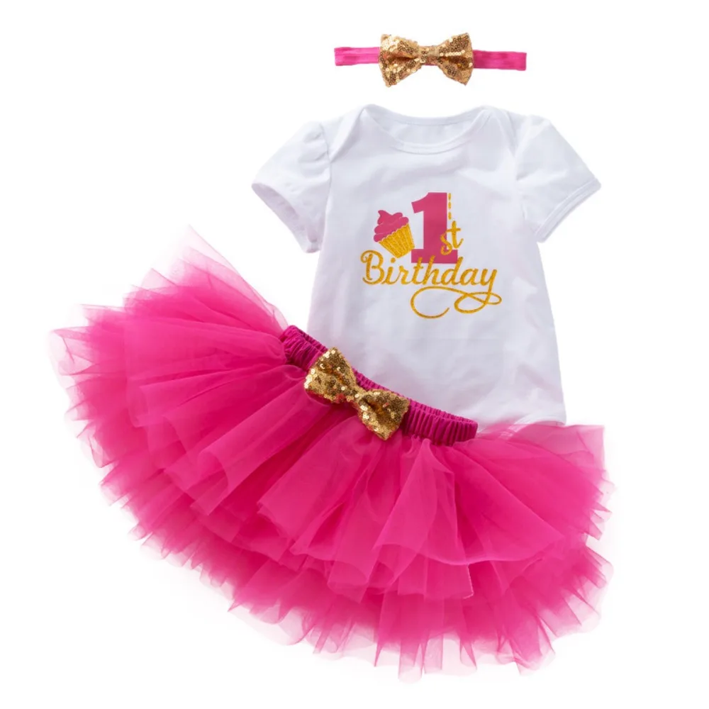 3pcs Outfit Cute Baby Girl Short Sleeves 1st Birthday Letter Bodysuit Tutu Skirt Headband Clothes