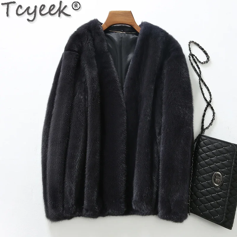 

Tcyeek 2023 Natural Fur Jacket for Women Clothes Fashion V-neck Short Coats Winter Women's Fur Jackets Warm Real Mink Fur Coat