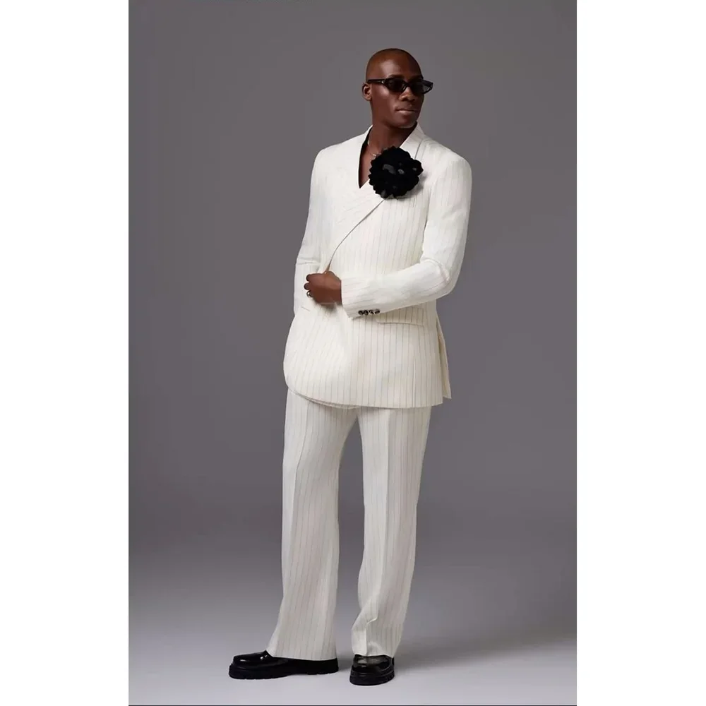 

White Stripes Men Suits Wedding Groom High-end Stylish Suit Casual Business Banquet Tuxedo 2 Pieces Blazer Set