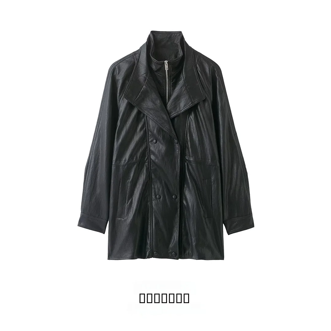 KASLEAD 新しいファッショナブルなマットピュアカラーレザー Jaet レディースストリート Sle ロング Sve ジッパーコートレギュラーデザイン