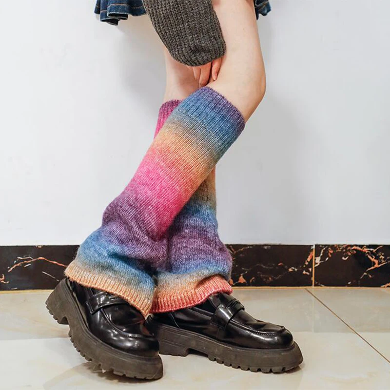 Women Lolita Leg Warmer Knit Over Knee Socks Sweet Gradient Rainbow Color Knitted Stocking Boot Cuff Ankle Warmer