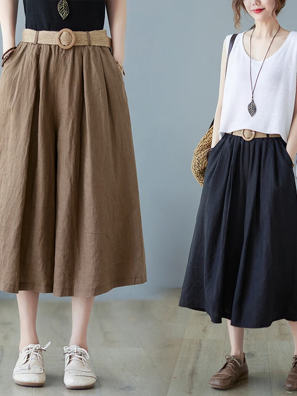 Retro Künstlerische Baumwolle Leinen Breite Bein Hosen Frauen Lose Hosen Rock Casual Vielseitige Abnehmen Sieben-Fuß Hosen