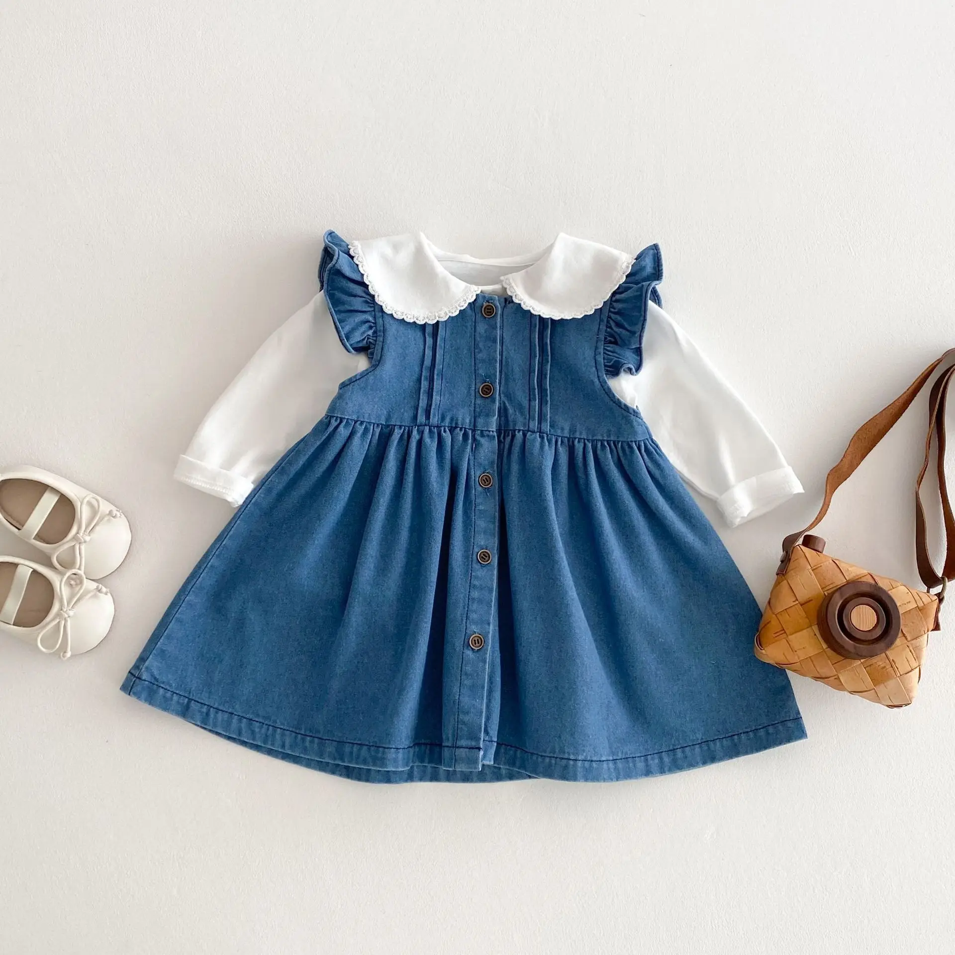 2025 Spring New Arrival Baby Girl Solid Color Denim Dress with Flutter Sleeves – Soft & Comfortable Korean Style Toddler Dress