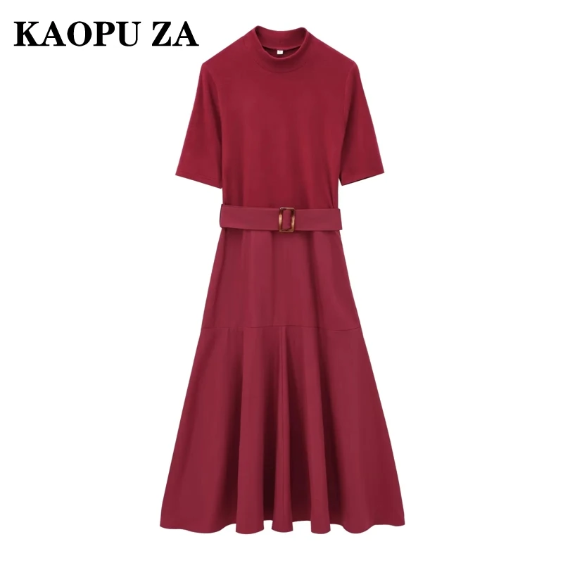 KAOPU ZA 2024 señora nueva vestidos para ir al trabajo vestido Casual mujer de manga corta Falda Midi volantes ajuste Regular cinturón cuello alto