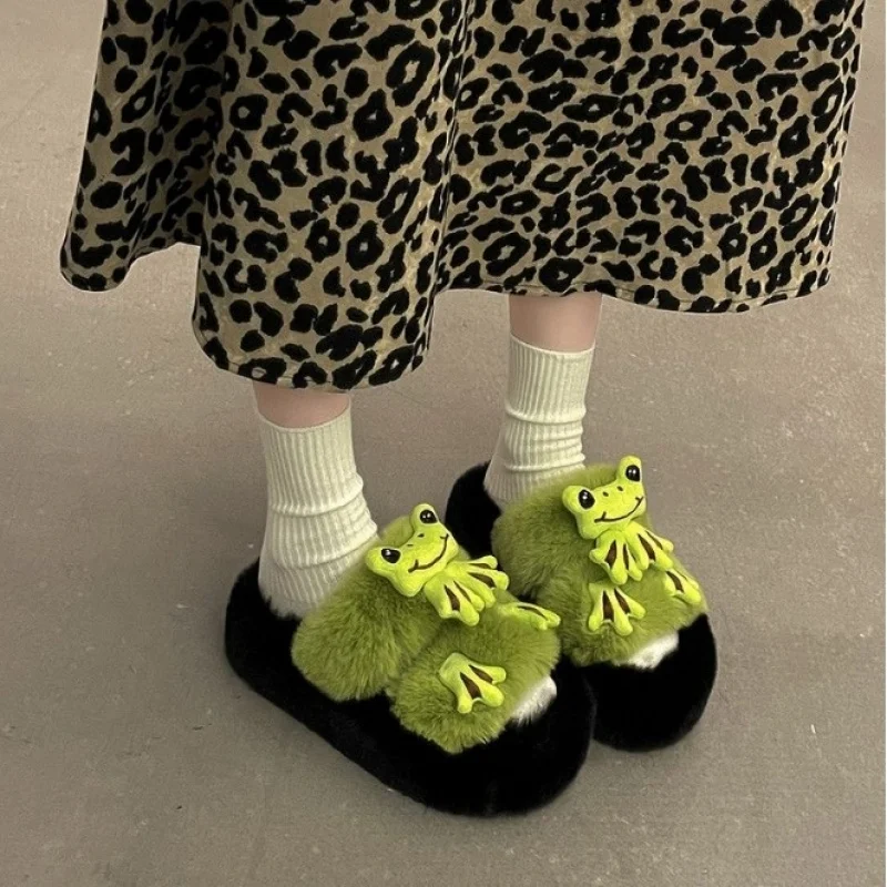 Cute Furry Doll Slippers for Women Autumn and Winter New Western Style One-Strap Muffin Frog Fluffy Shoes