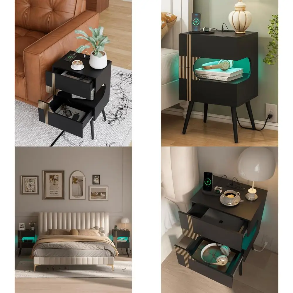 

Contemporary White Nightstand with Charging Station, LED Lights, and 2 Drawers, Solid Wood Legs