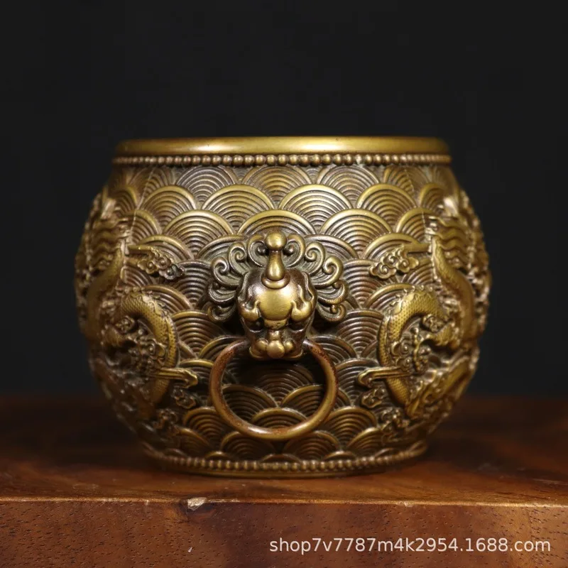 Brass Craft: Dragon Soaring Through the Sea Lion Head Vase Home Decorative Ornament